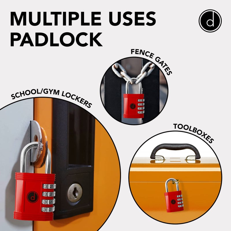 desired tools Padlock 4 Digit Combination Lock - for Gym School Locker, Outdoor Gate, Shed, Fence, and Storage - Weatherproof Metal - Keyless, Easy to Set, Resettable - Red - Image 5